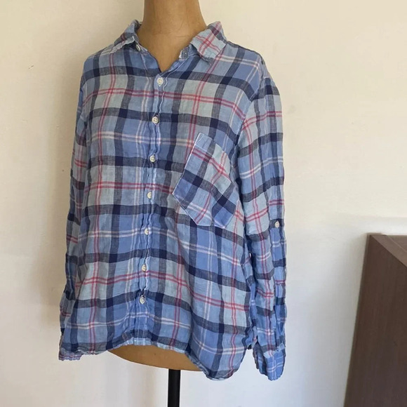CP Shades blue sz S checkered plaid 100% linen long sleeve great pre owned cond - Picture 1 of 6